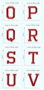 Red varsity style embroidered letter patches O to V, height 4.8cm, iron on sewing badges