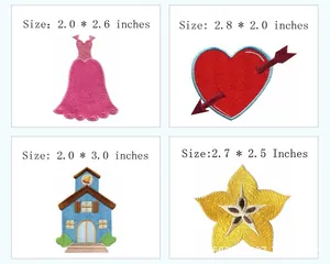 Detailansicht von bestickten Aufbüglern mit Kleid-, Herz-, Haus- und Blumendesigns.