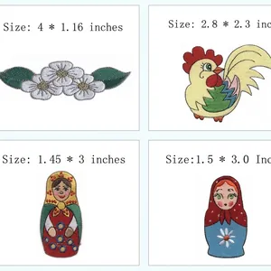 Assorted embroidered iron-on patches featuring rooster, nesting dolls and floral designs