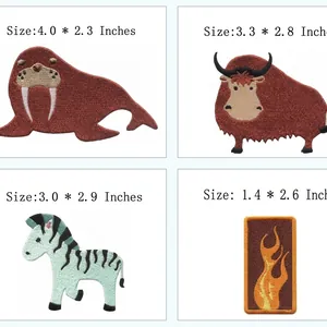 Set of 4 cute animal and flame embroidered iron-on patches with precise dimensions