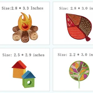 Set mit vier bunten Stickpatches mit Lagerfeuer Blatt Haus und Baum Designs für Kleidung