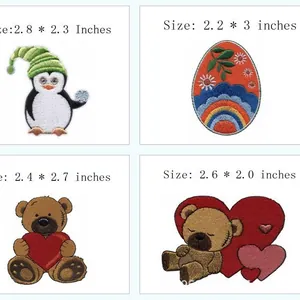 Assorted embroidered iron-on patches with cartoon penguin, rainbow egg and teddy bear designs