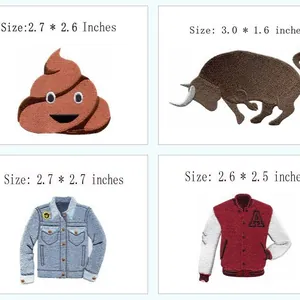 Assorted embroidered iron-on patches with poop, bull, and jacket designs for DIY