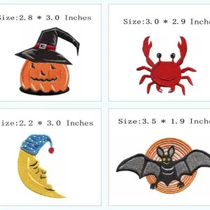 Cartoon embroidered patches set with pumpkin, crab, moon, and bat designs and dimensions.
