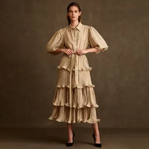 Elegant French style pleated champagne midi dress with rhinestone puff sleeves and belted waist
