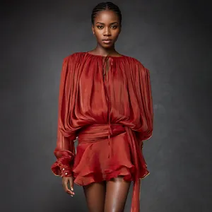 Detail of pleated burnt orange mesh mini dress with elegant puff sleeves and ruffles