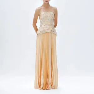 Strapless top with 3D floral applique and pleated high-waist maxi skirt set for women