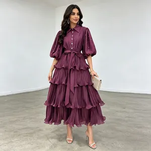 Elegant French style plum purple tiered maxi dress with puff sleeves and pearl accents