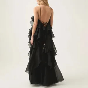 Back view detail of elegant black tiered ruffle maxi dress with backless design