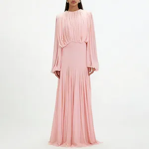 Elegant pink pleated maxi dress with round neck and long billowy sleeves for formal events