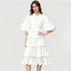 Elegant French style white tiered pleated dress with sparkling crystal puff sleeves