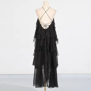 Back view of black tiered ruffled maxi dress with backless criss-cross straps
