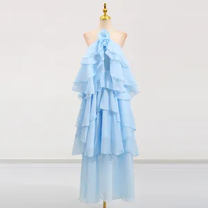 Light blue tiered ruffled halter long dress with elegant flower detail