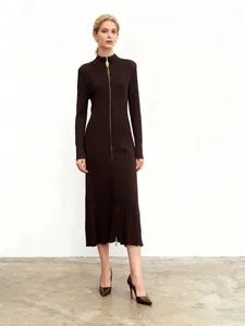 Vestito Midi da Donna Elegante in Maglia Aderente con Cerniera Intera Manica Lunga Bodycon Tinta Unita a Costine Ufficio