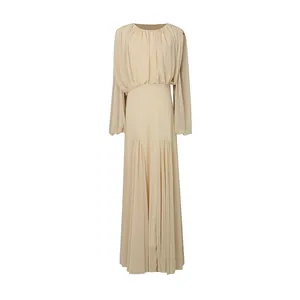Elegant French style beige long dress featuring a pleated bodice and cinched waistline