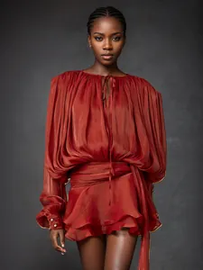 Women Elegant Puff Sleeve Ruffle Hem Mini Dress Pleated Mesh Tie Neck Long Sleeve Dress Sweet Solid Color Party Dress