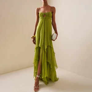 Elegant olive green tiered ruffle maxi dress with spaghetti straps and pleated bodice details