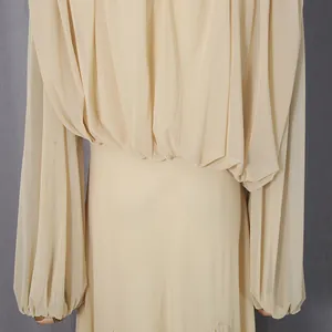 Detail of French style elegant long dress showing gathered fabric and lantern sleeves