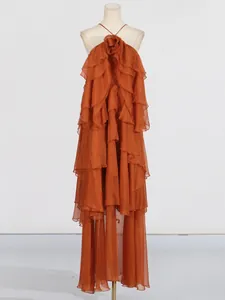 Elegant burnt orange tiered ruffled halter neck backless maxi dress for women spring fashion