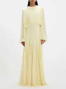 French Style Elegant Pleated Maxi Dress For Women Round Neck High Waist Long Sleeve Solid Color Evening Party Gown