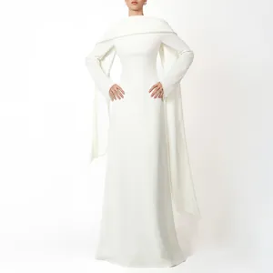 Elegant white French style floor length gown with unique cape sleeves and pearl trim
