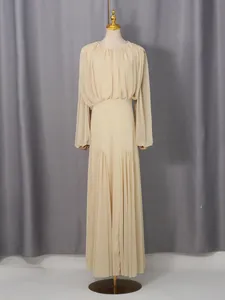 Elegant French style round neck pleated maxi dress with gathered waist for formal events.