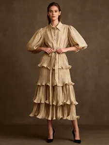 French style beige tiered puff sleeve midi dress with rhinestone details and tie waist