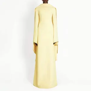 French style elegant yellow long dress with unique cape sleeves and delicate beaded trim