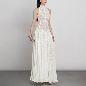 Elegant white retro lace long dress featuring a delicate high collar and slim-fit silhouette