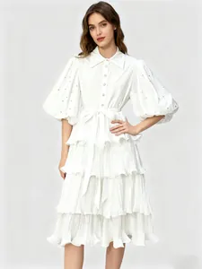 Elegant French style white puff sleeve dress with rhinestone details and pleated skirt.