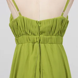 Detailed back view of lime green pleated maxi dress with spaghetti straps and zipper