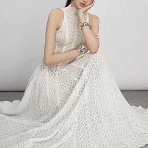 Elegant white retro lace sleeveless long dress with high neck and slim fit design