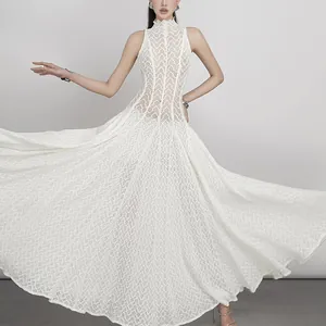 Elegant white lace maxi dress with geometric pattern and petal neck detail.