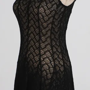 Detailed view of the intricate black lace pattern and texture on a vintage slim-fit maxi dress