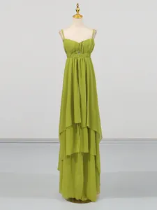 Elegant olive green tiered chiffon maxi dress with spaghetti straps and cutout detail