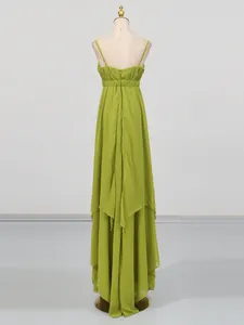 Elegant olive green spaghetti strap maxi dress featuring an irregular layered flowy design