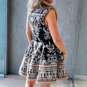 Detail view of a French vintage floral mini dress with sleeveless round neck design