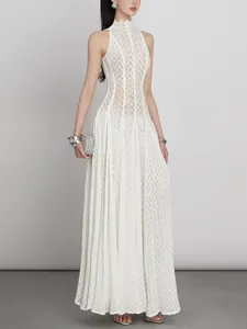 Vietnamese Style Retro Lace Maxi Dress Slim Elegant White Wedding Guest Dress Women Solid Color Ruffle Sleeveless Dress