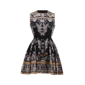 Detailed view of a sleeveless vintage floral print dress with a belted waist and round neck