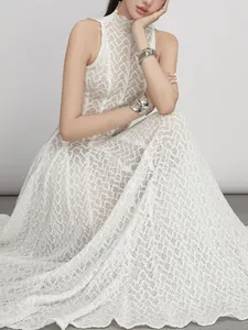 Elegant white retro lace long dress with scalloped high neck and slim fit silhouette