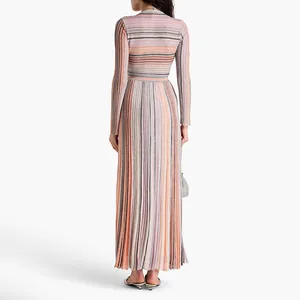Elegant colorful striped knitted maxi dress showing the detailed vertical pattern back view
