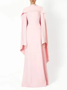 French Elegant Cape Sleeve Maxi Dress Women Solid Color Beaded Pearl Trim High Waist Slimming Banquet Evening Gown Polyester Dress