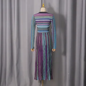 Detailed back view of a colorful striped knit maxi dress presented on a mannequin stand