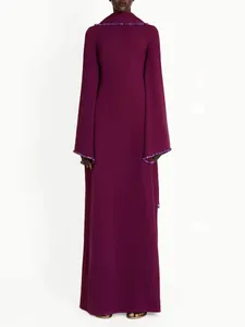 Elegant plum purple floor-length evening dress with hooded cape design and beaded trim detail