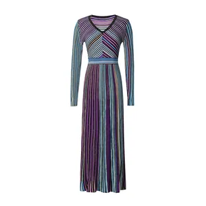 Elegant V-neck knitted maxi dress with colorful vertical stripes and a high-waisted fit.