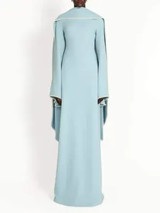 Elegant light blue floor-length evening gown with pearl-trimmed cape and long sleeves