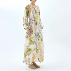 Elegant long floral maxi dress with V-neck and puff sleeves in soft pastel prints