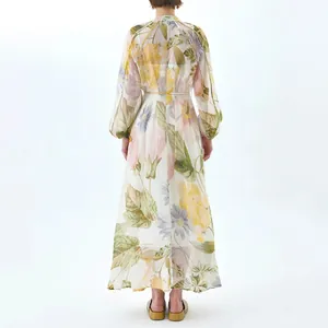 Detailed back view of a sweet floral print long dress featuring elegant puff sleeves and a maxi hem