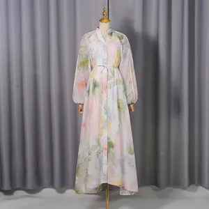 Elegant floral print maxi dress featuring puff sleeves and a delicate V-neckline