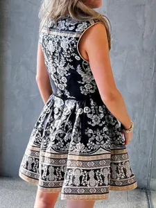 Elegant French vintage sleeveless short dress with intricate floral print and flared skirt